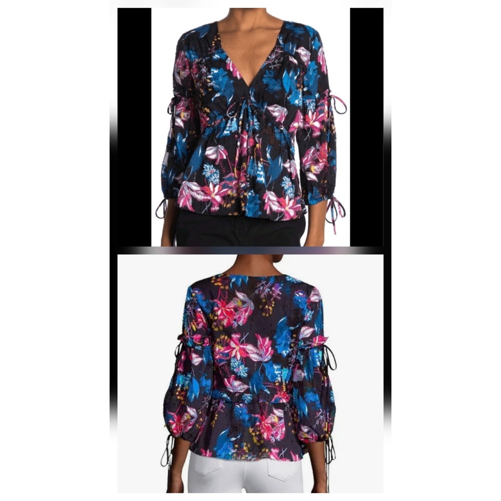 Tanya Taylor Dutch Garden Floral Blouse Womens 8 Black Silk Cotton Tie Sleeves‎